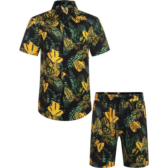 Men Hawaiian Matching Set Summer Beach Outfits Flower Shirts and Shorts - Picture 2 of 6